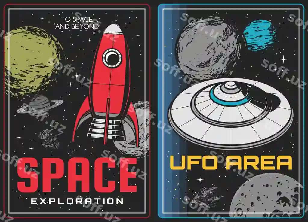 Forsiyaga kashf etish borclarining vintaj raketa uchash maketlari | Space exploration aliens discovery posters vintage rocket spaceship
