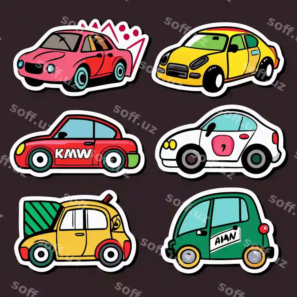 Olti rangli karyokat mashinalari turli ranglarda, dizayn va detallari. | Six colorful cartoon cars with different colors designs details