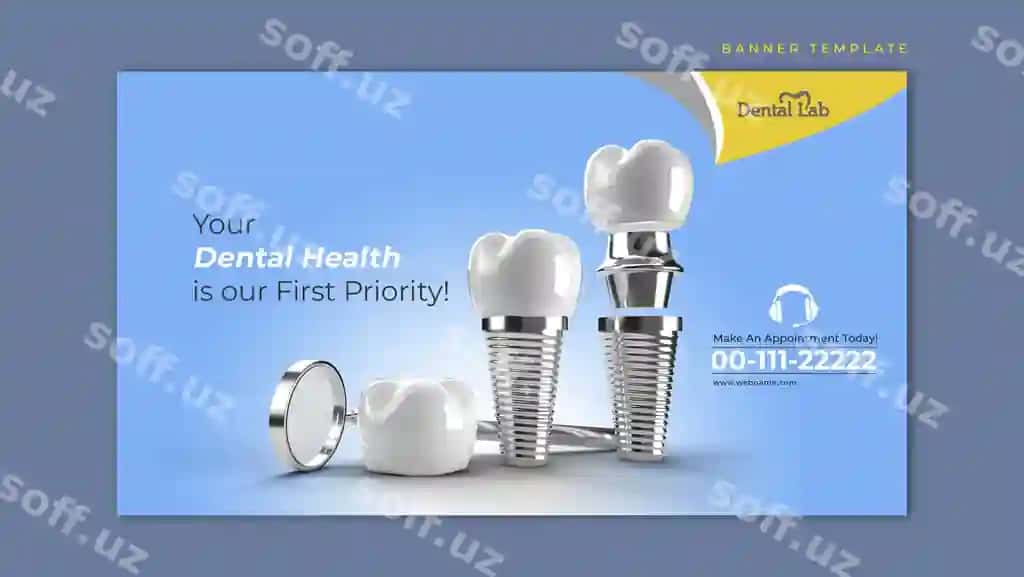 Tish implantatsiyasi jarrohlik konsepsiyasi horizontal banner shabloni | Dental implants surgery concept horizontal banner template