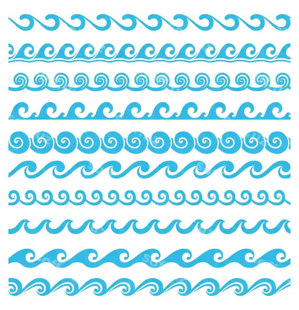 Dengiz okean to'lqin chiziqi ajratuvchilar chegaralari boshlangan yumshoq suv to'lqinlari minimalist | Sea ocean wave line dividers borders curly rounded water waves minimalist