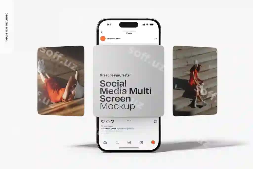 Ijtimoiy tarmoqlar ko'plab ekranlarning suza turadigan shabloni | Social media multi screens mockup floating