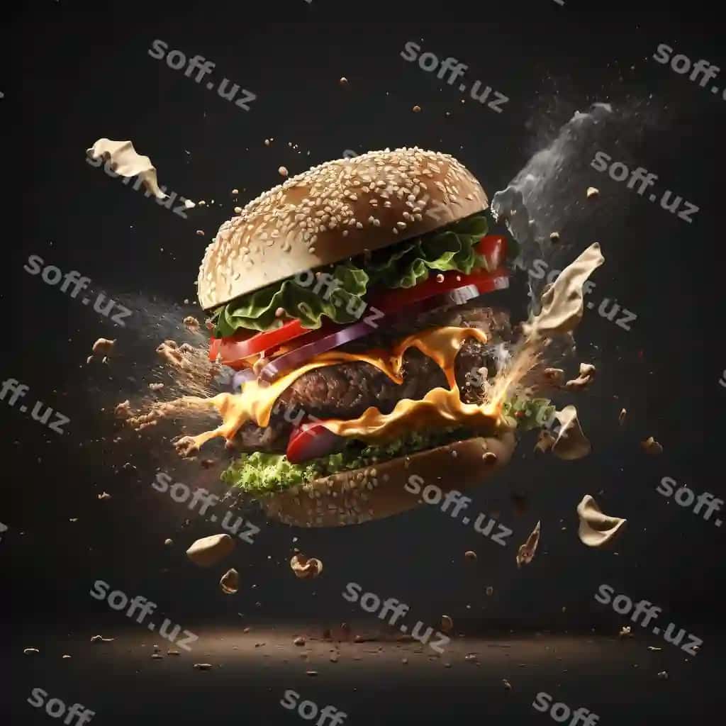 Parvoz hamburger chorak ajratilgan sovaluvchi maxsulotlar portlash ta'mlar ranglar generative AI texnologiyasi bilan yaratilgan | Flying hamburger quartering with separate condiments explosion flavors colors created with generative ai technology