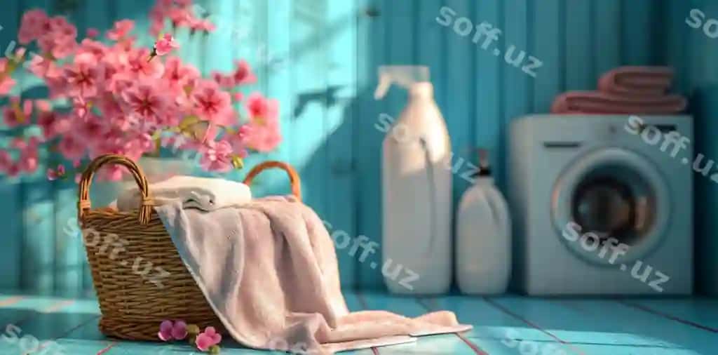 Yuvish savati gulrang gullar bilan, kir yuvish mashinasi, ko'k yog'och qavat, qulay uy sozlash | Laundry basket with pink flowers washing machine blue wooden floor cozy home setting
