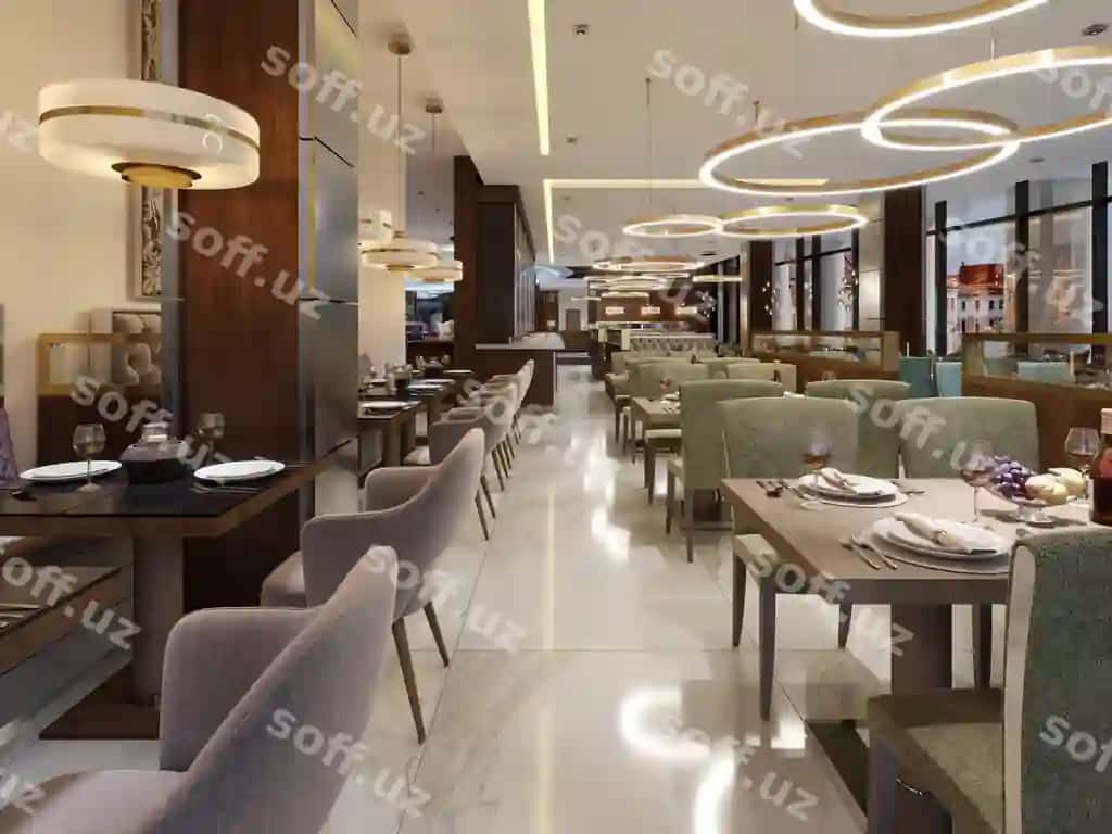 Restoran zamonaviy uslub, marble pol, stollar dekorativ stainless ustunlar, 3D rendering | Restaurant modern style with marble floor with tables decorative stainless columns d rendering