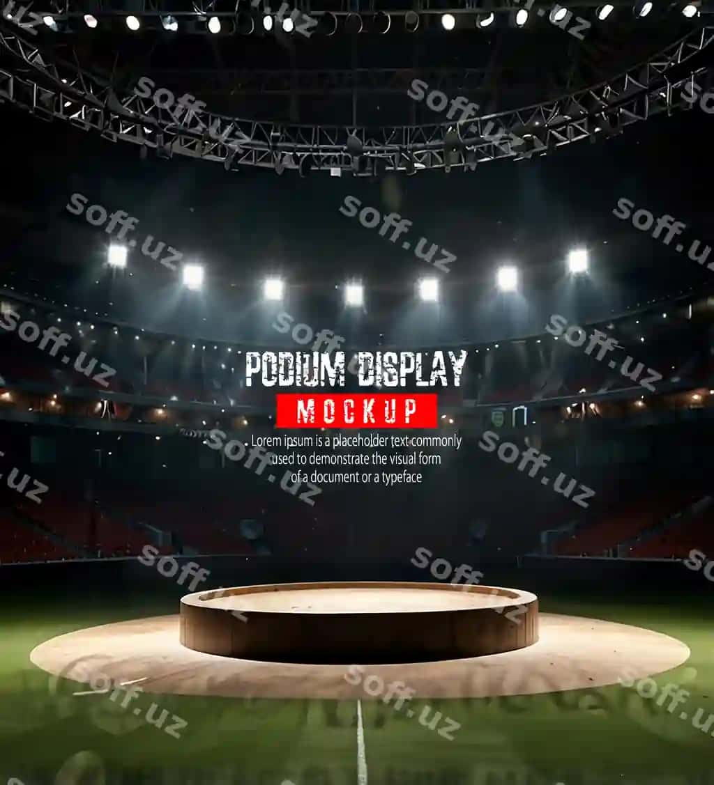 Stadion, ko'plab yorug'lik chiroqlari bilan o'tloqli dumaloq podium | Circular podium with grassy surface multiple spotlights stadium