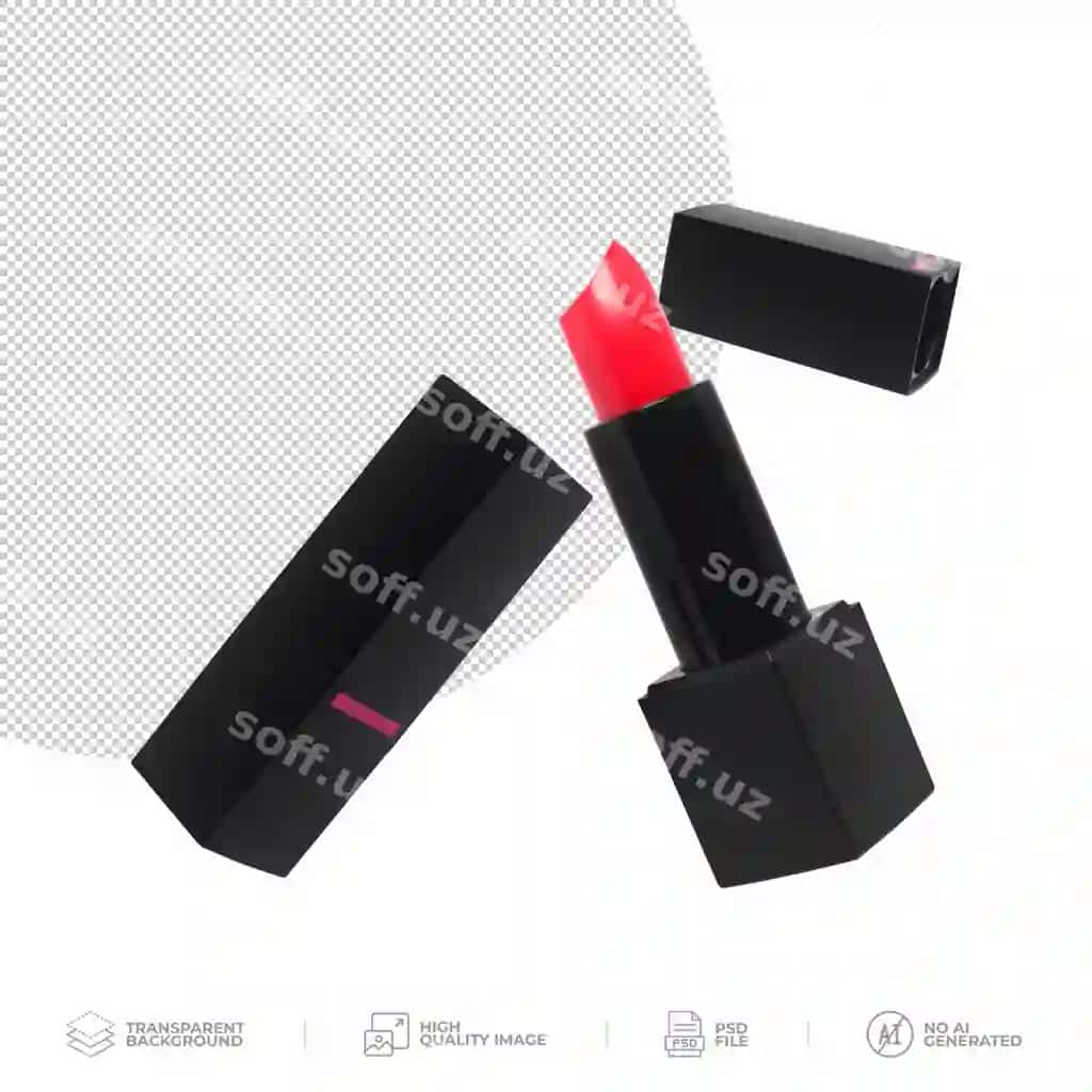 Qizil lipstik zamonaviy qora qutisi bilan parvoz shaffof fons | Red lipstick with modern black case flying transparent background