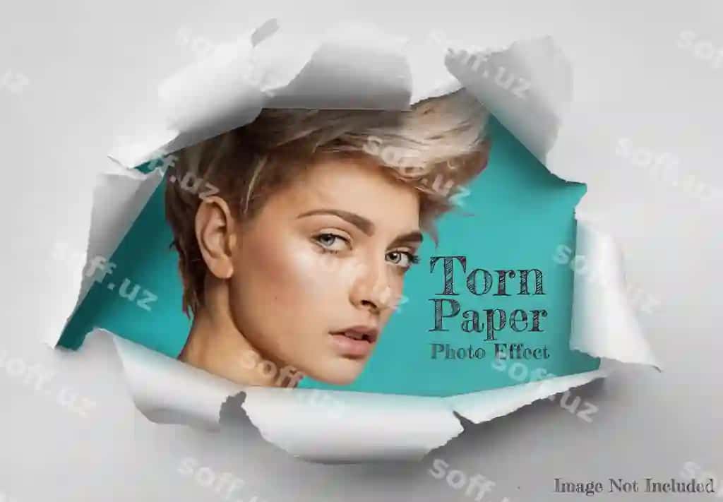 Yo'nal yirtilgan varaq fotoeffekt mockup | Hole torn paper sheet photo effect mockup
