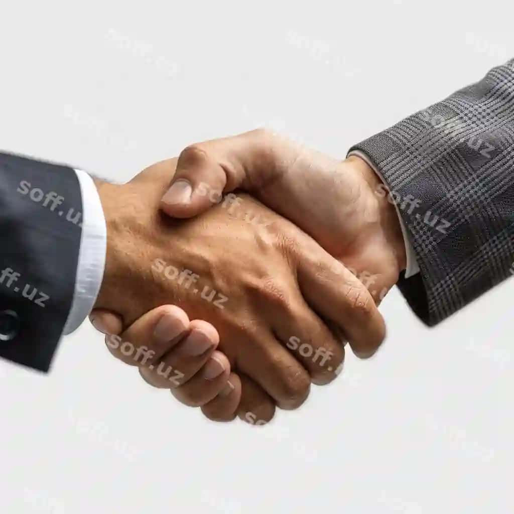 Ikkita erkak salom berish, bittasi "salom berish" deb yozilgan. | Two men shaking hands with one that says handshake