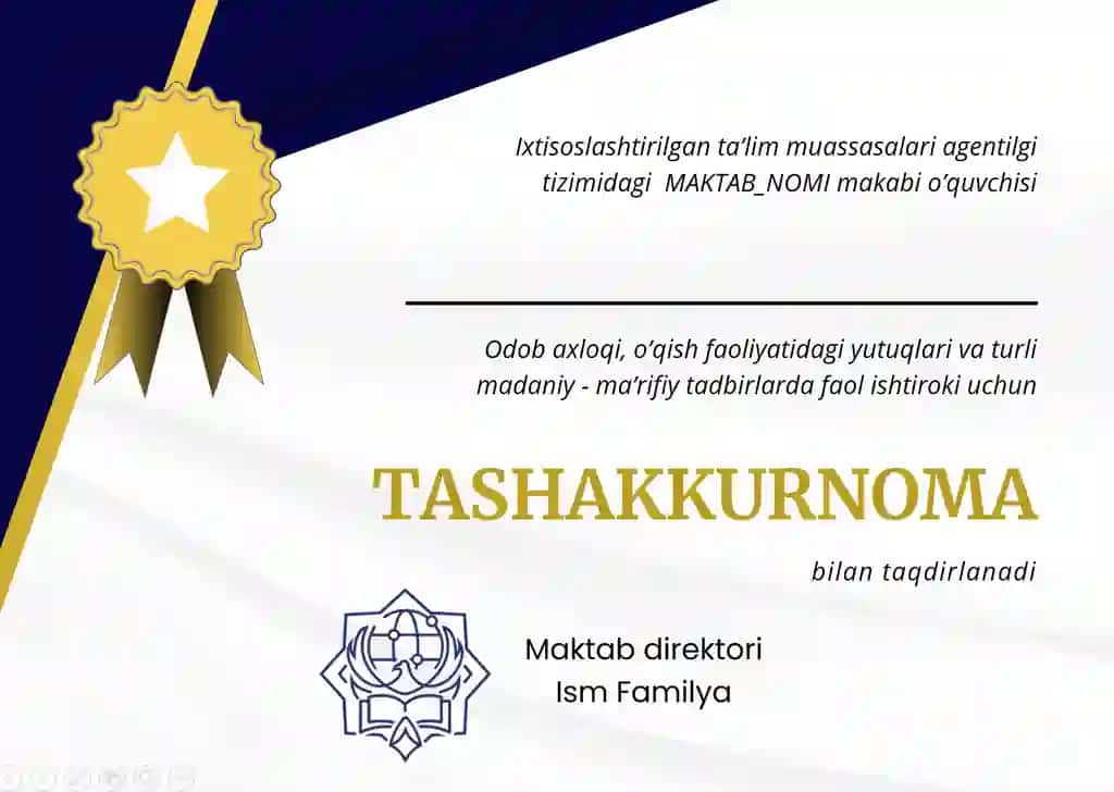 Tashakkurnoma | Ixtisoslashtirilgan maktablar tashakkurnoma