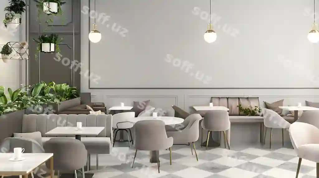 Zamonaviy kafe ichki dekoratsiyasi oq devorlar, shaxlarcha qozon va o'simliklar bilan | Modern cafe interior design with white walls checkerboard floor plants
