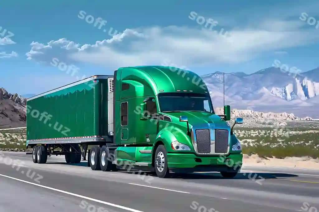 Yashil katta polupovoz ko'p qatlamli avtomagistral | Green big semi truck multiline highway