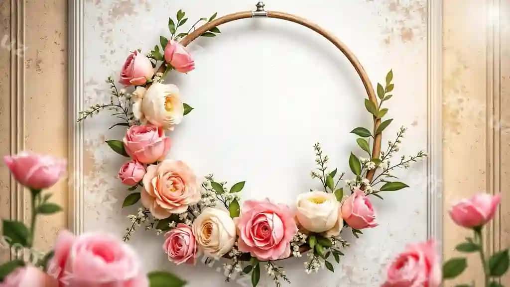 Gulli garland binafsha sutli gullari bilan teksturali devor | Floral wreath with pink cream roses textured wall