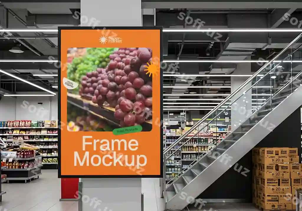 Supermarket uzum poster ramasi zamonaviy kafolat ramzasi dizayni | Supermarket grape poster frame mockup modern retail signage design