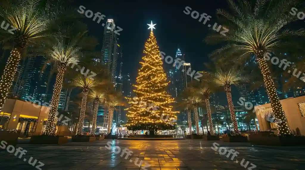 Yorqin chatir shahar muhiti kecha | Illuminated christmas tree urban setting night