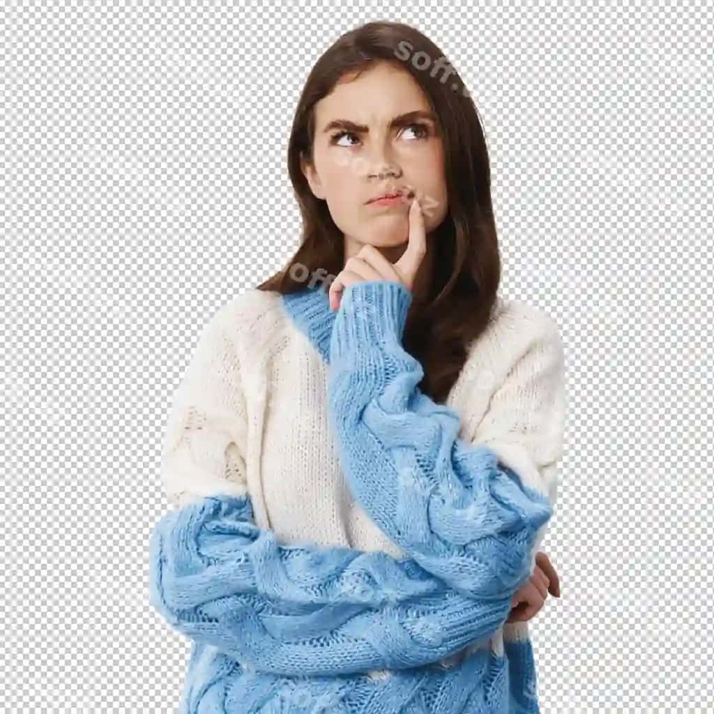 Fikrli yosh ayol shubhalar bormoqda, bir narsa noto'g'ri, yuzida chizig'lar, ga tegishmoqda. | Pensive young woman having doubts something off frowning touching