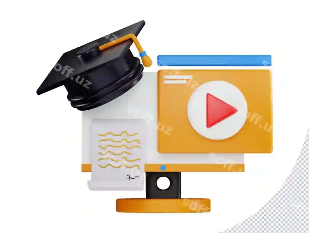 3d render kompyuter monitori, bitiruv shaapi, videopleyer ikonkasi | 3d rendering computer monitor with graduation cap video player icon