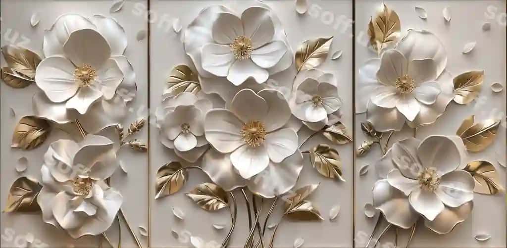 3d oq gul buket oltin varaq relief devor rasmini kanvas oq fonda | 3d white flowers bouquet gold leaves relief wall painting canvas white background