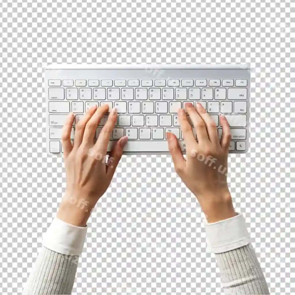 Yuqori ko'rinish ayol qo'llari oq klaviaturada yozish shaffof fon | Top view woman s hands typing white keyboard transparent background