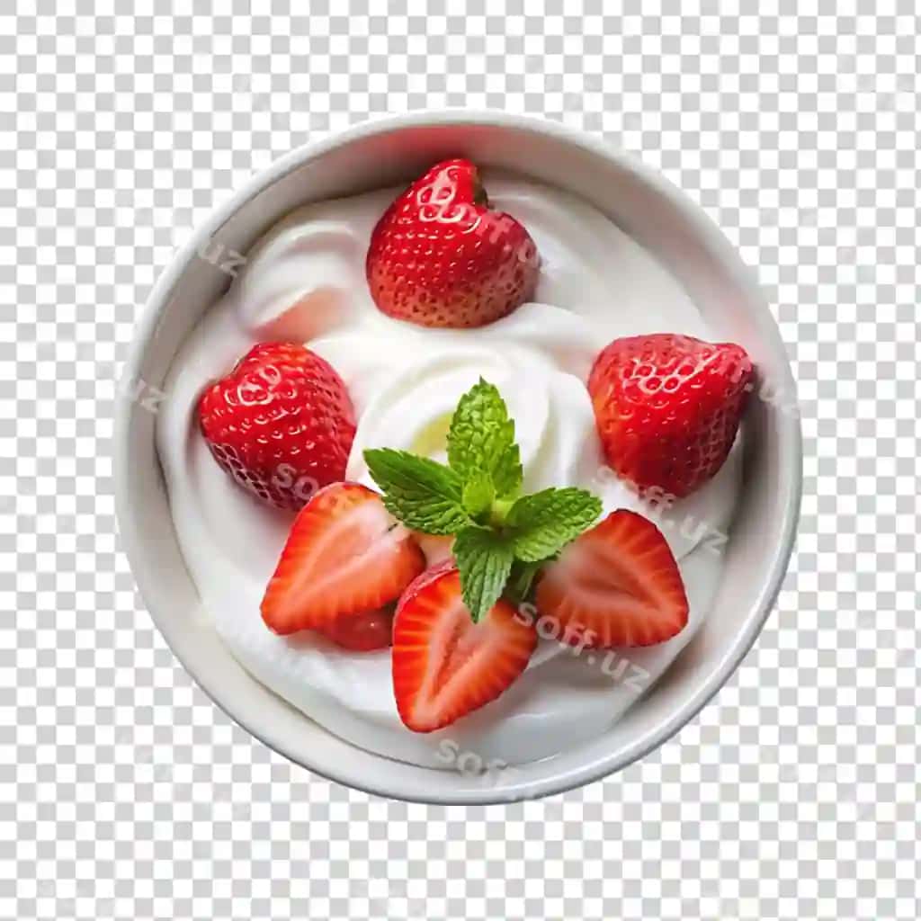 Yo'gurt kremi bodom bilan oq chaqsoq yuqori ko'rinish ajraltirilgan shaffof fonda | Yogurt cream with strawberries white bowl top view isolated transparent