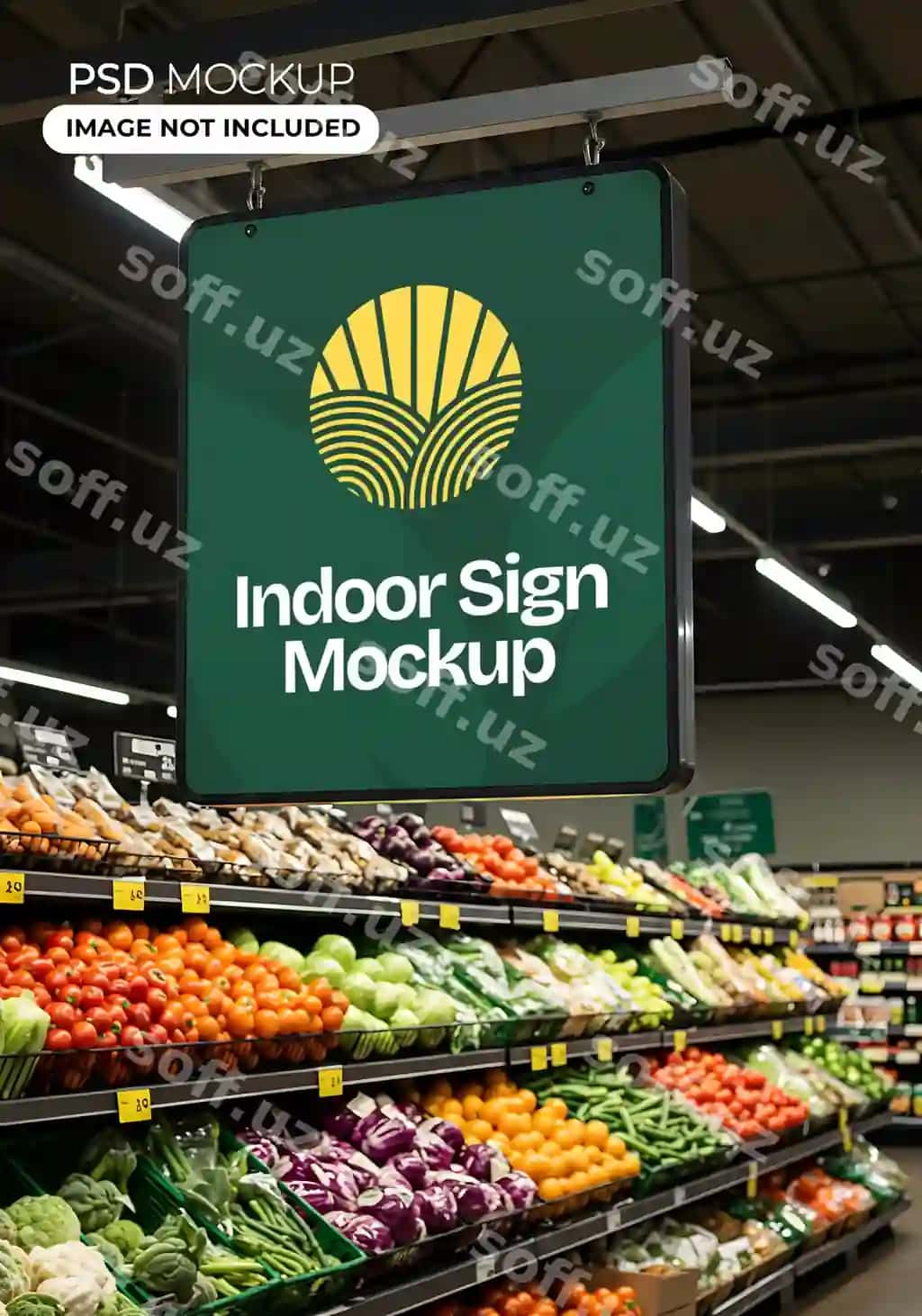 Bozorgohona do'kon ichki irol namunasi asib iroflar mahsulotlar bo'limi | Grocery store indoor sign mockup hanging signage produce section