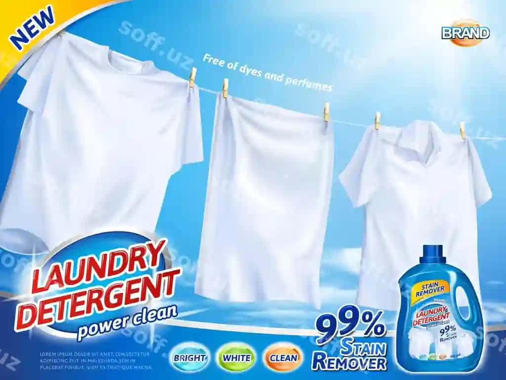 Yuvush vositi reklamalari yorqin oq kiyimlarni asib turgan quruq bilan | Laundry detergent ads bright white clothes hanging out dry with