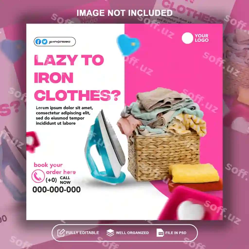 Kir poyinti xizmati uchun ijtimoiy tarmoqlar poytaksi shabloni PSD tahrir qilish mumkin | Laundry service social media poster template psd editable