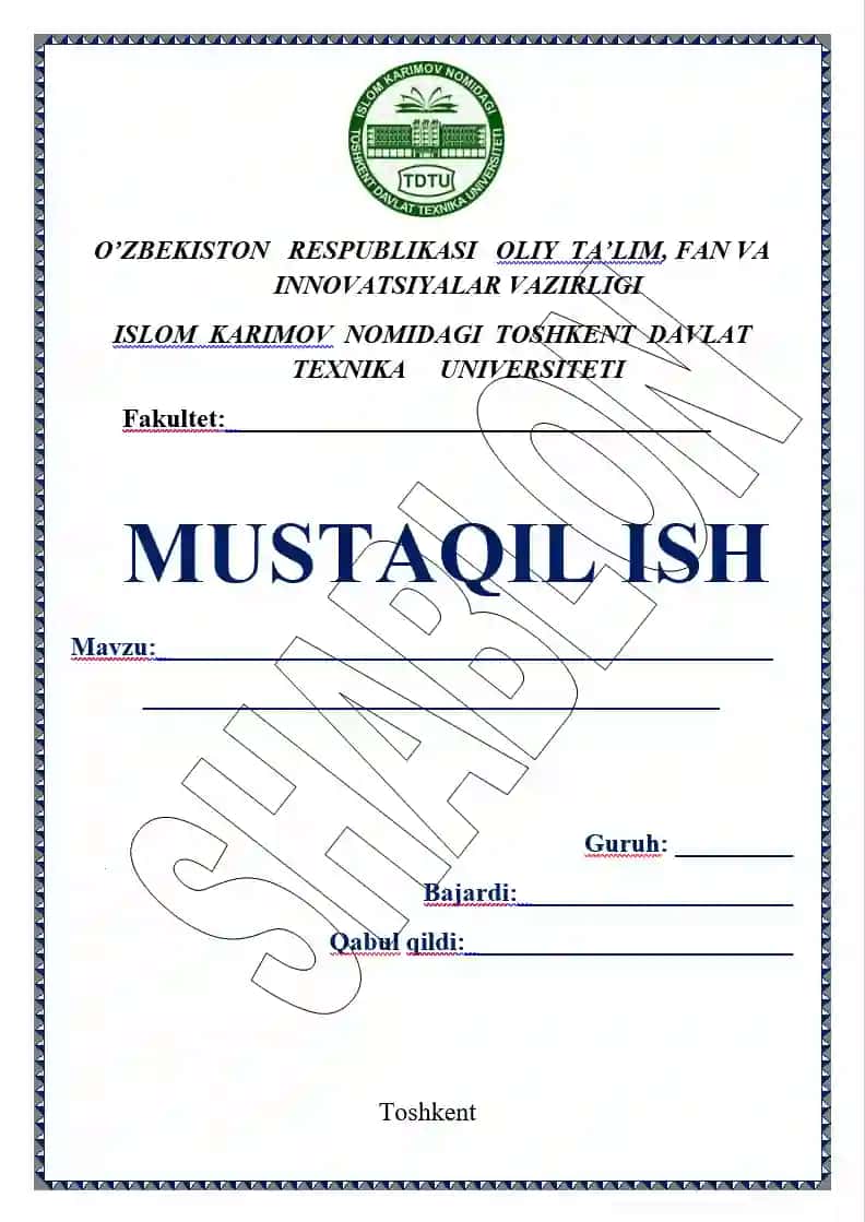 Mustaqil ish yuzi TDTU