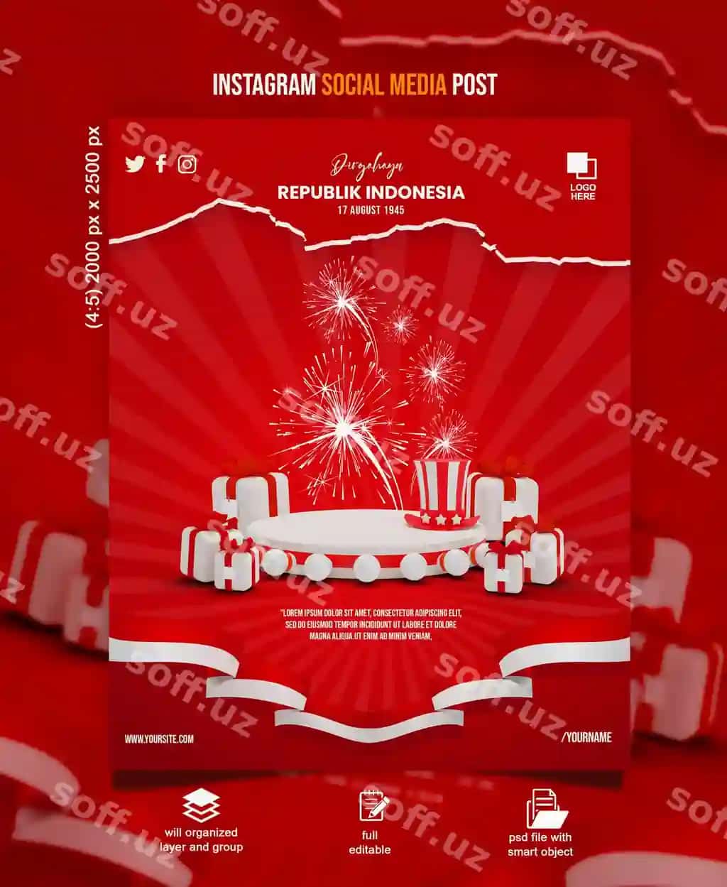 Potron dizayni baxtiyor Indoneziya mustaqillik kuni 3D render podium | Poster design happy indonesia independence day 3d render podium