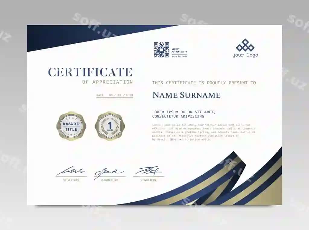 Zamonaviy dizayn sertifikat shabloni oddiy, chiroyli, boylik | Modern design certificate template with simple elegant luxurious