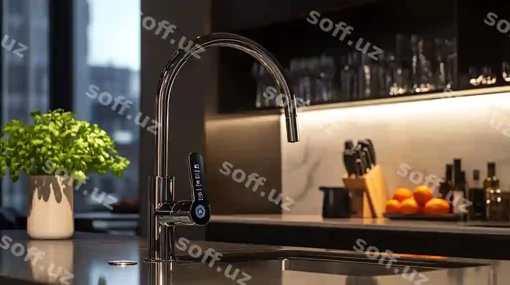 Sensorli ekranli noyob oshxona mushtagi zamonaviy oshxona uchun, ovoz bilan boshqariladigan buyruqlar bilan. | Sleek touch screen kitchen faucet modern kitchen with voiceactivated commands