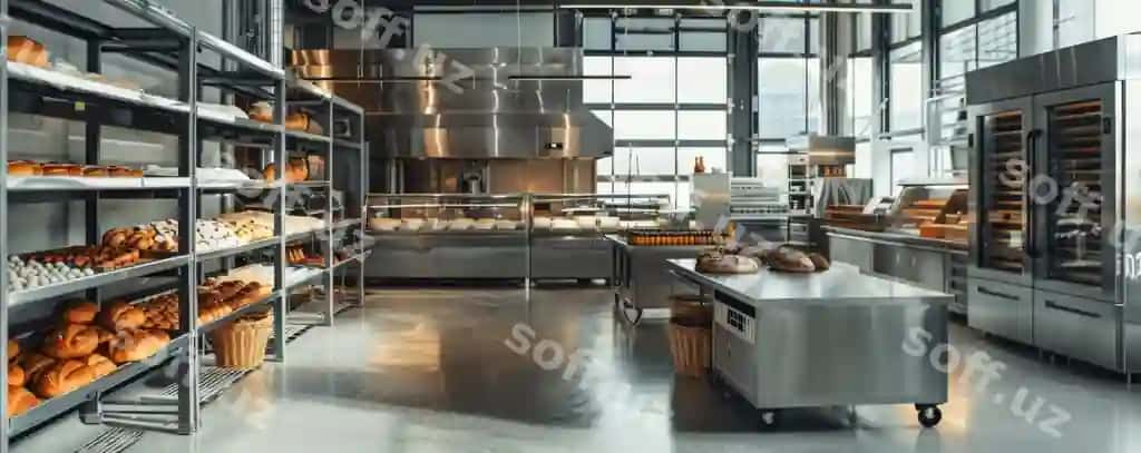 Non uskuna foni zamonaviy sanoatli non uskuna ichki fonda noyabr metalni o'z ichiga kirgan | Bread bakery background with modern industrial bakery interior featuring stainless steel