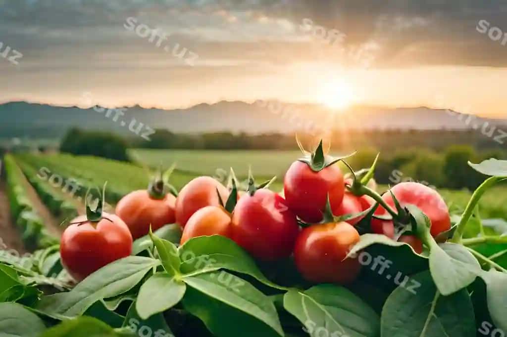 Pomidor maydoni quyosh ularning ustida | Tomatoes field with sun them