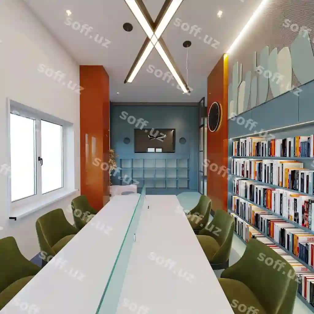 Ichki kutubxona kitoblar shkafti stoli yashil kreslolar 3D render | Interior library with bookshelf table green chairs 3d render