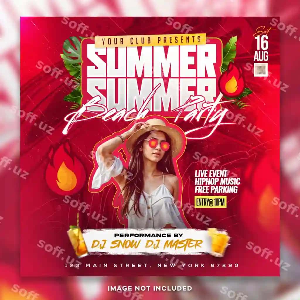 Yoz plyaj musikali to'xtashuv post PSD shablon | Summer beach music party post psd template