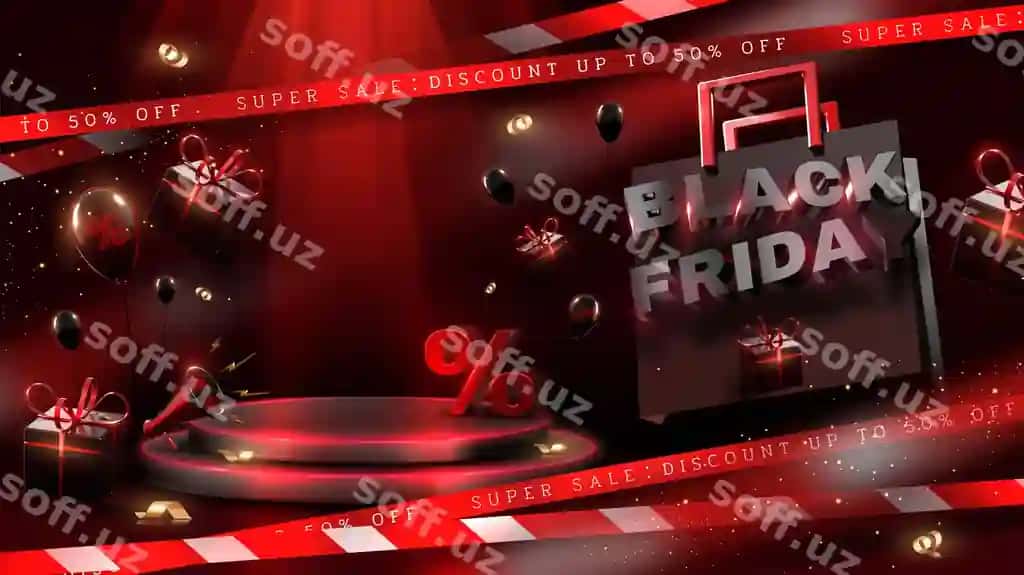 Qora Payshanba poyezri mahsulotlar ko'rsatish stenda qizil ogohlantirish lenti | Black friday poster with products display stand red warning tape
