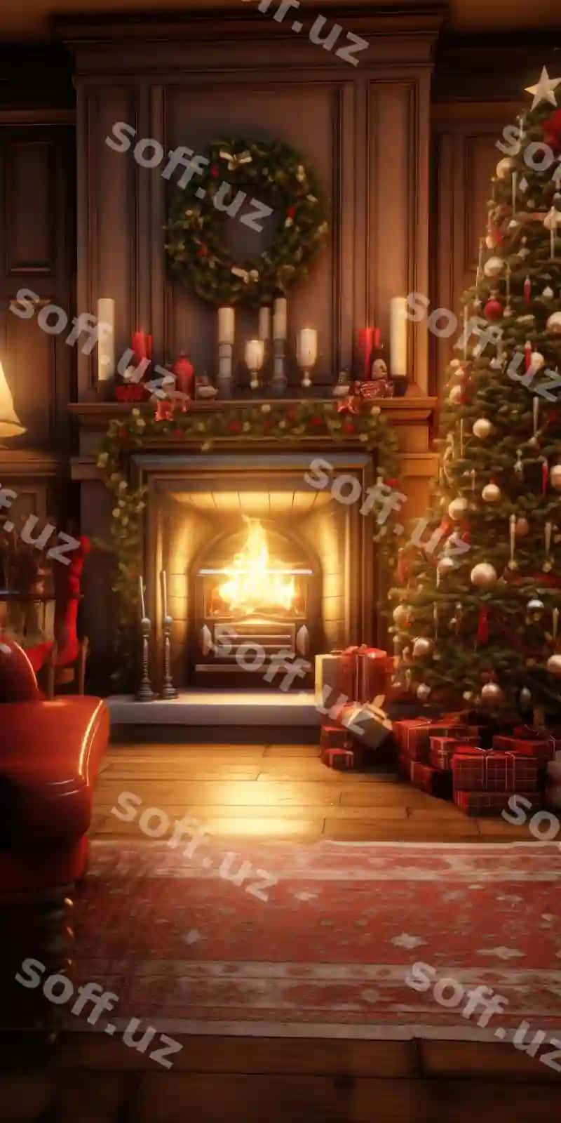 Issiq, taklif etuvchi otish xonasi chiroyli dekoratsiyalangan chatir bilan bezatilgan, chirg'igan odem va odemi murodda bayramiy atmosfera yaratadigan bayram mavsimi uchun ideal. | Warm inviting living room adorned with beautifully decorated christmas tree crackling fire fireplace perfect creating festive atmosphere holiday season