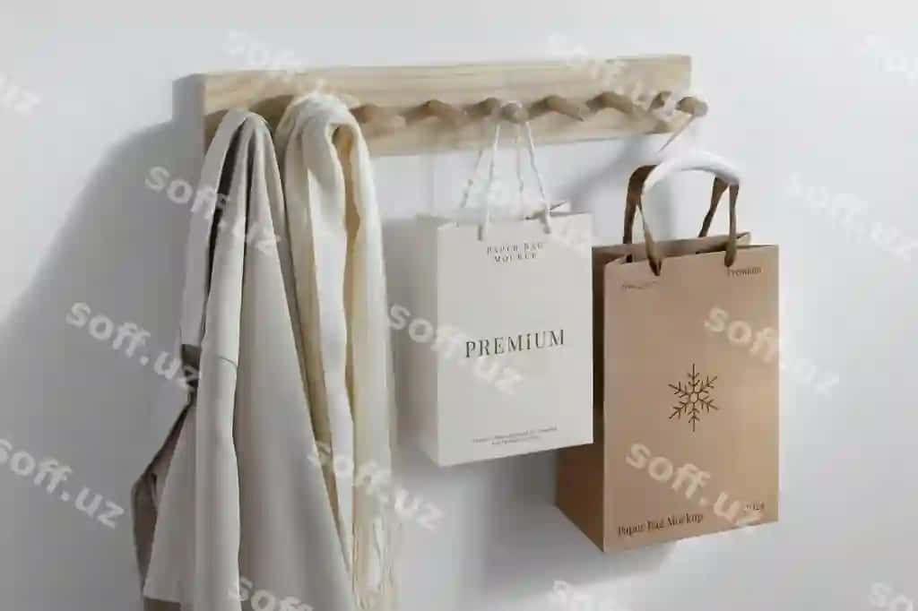 Qog'oz pocta mockup asotsiatori | Paper bag mockup hanger