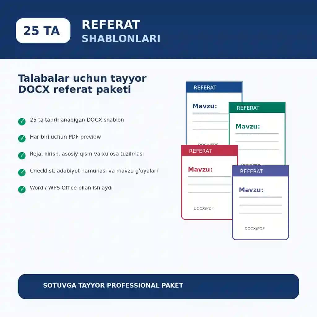 Talabalar uchun referat shablonlari paketi — 25 ta tayyor DOCX dizayn