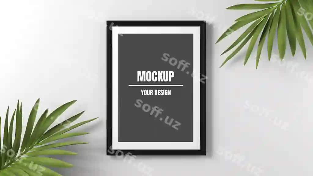 Fotosurat ramkasi namunasi palm yaproqlar bilan oq fon | Photo frame mockup with palm leaves white background