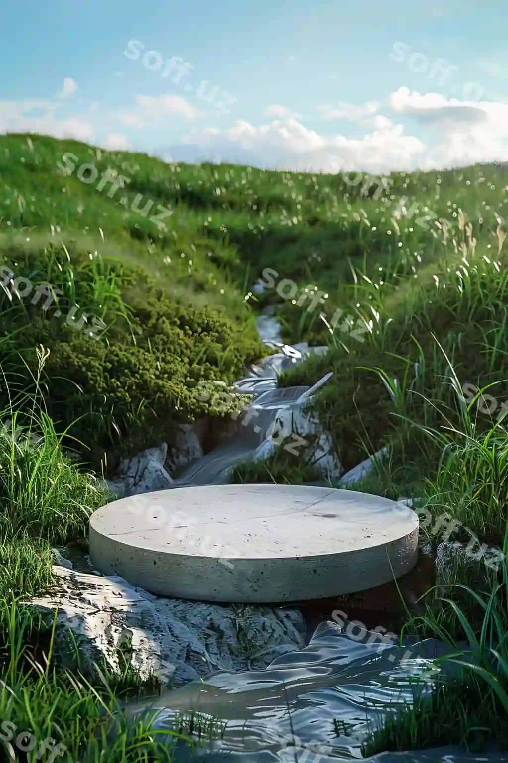 Juda aniq fantasya 3d render doira podium boyoq choadan maydon bilan | Ultra sharp photo fantasy 3d rendering featuring circular podium lush grass field with