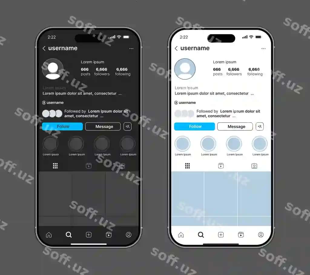 Instagram profil mockup qora va yorqin rejimlar UI dizayni | Instagram profile mockup dark light mode ui design
