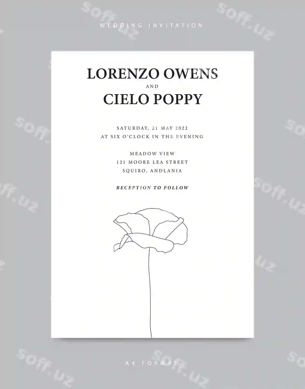 Minimalistik turerga taklif shabloni chinnigul bilan | Minimalist wedding invitation template with poppy flower