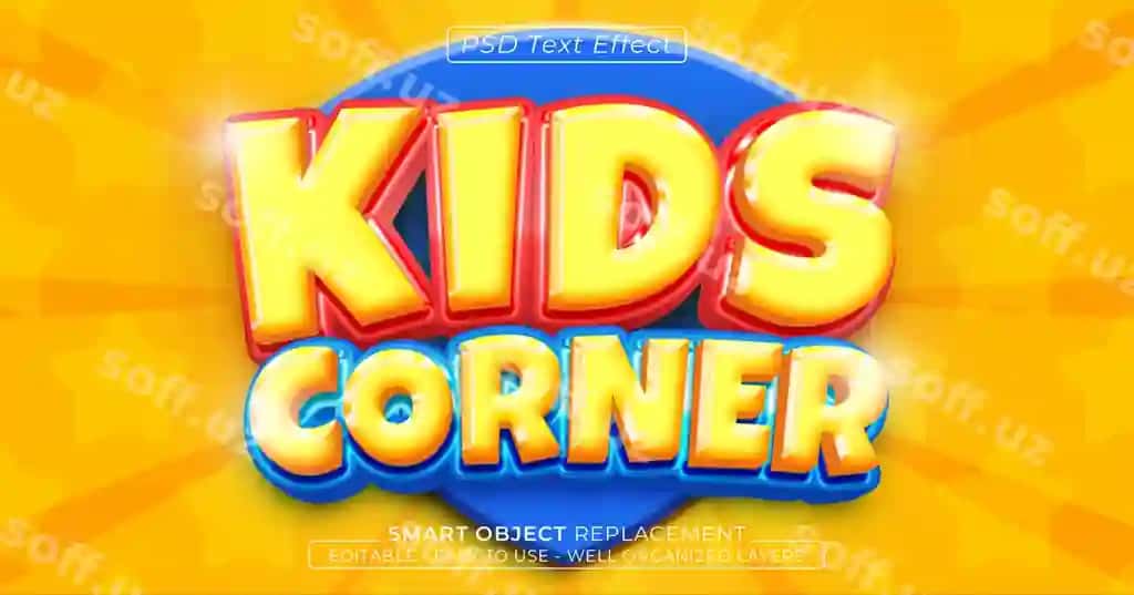 Bolalar burchuki yorqin tahrir qilish mumkin 3d uslubi matn effekti | Kids corner glossy editable 3d style text effect