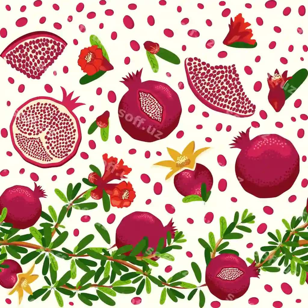Anor daryolari mevalar va gullar bilan yorqin bitimsiz naqsh | Pomegranate branches with fruits flowers seamless pattern bright