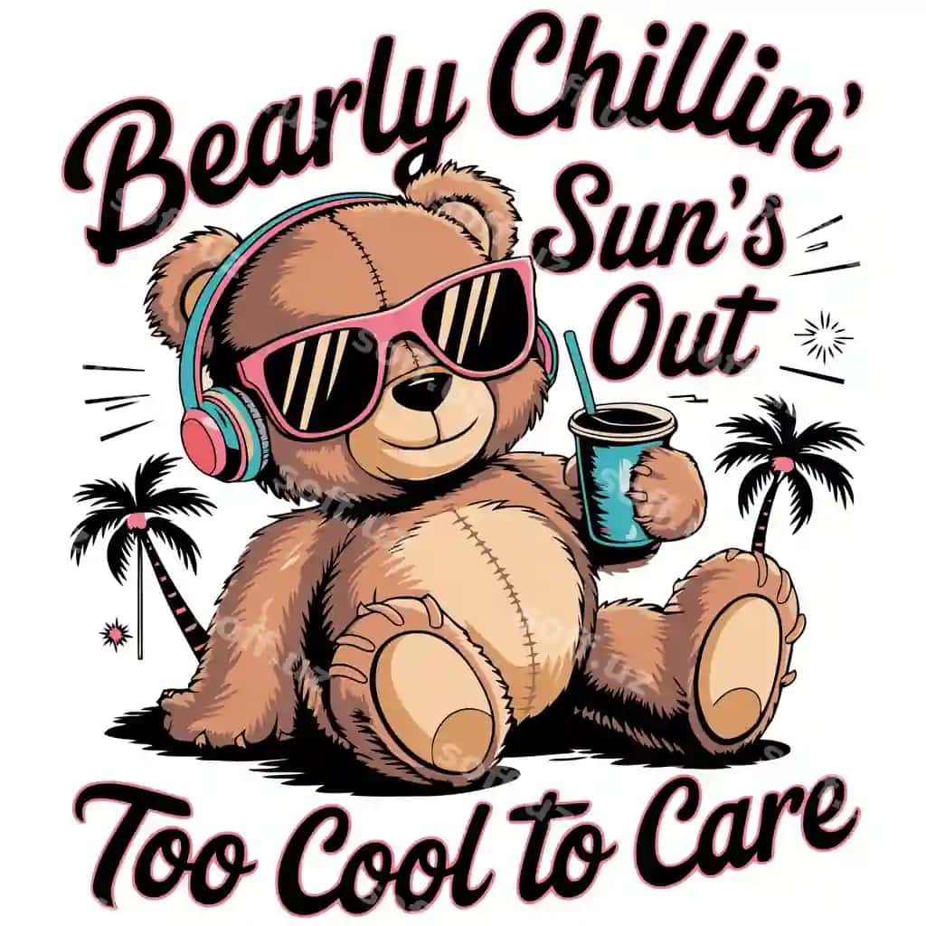 So'nggi teddy ayiq qorqin ko'zlari va naushniklar bilan rauxatlangan, hech qachon emas so'ng. | Cool teddy bear relaxing with sunglasses headphones bearly chillin