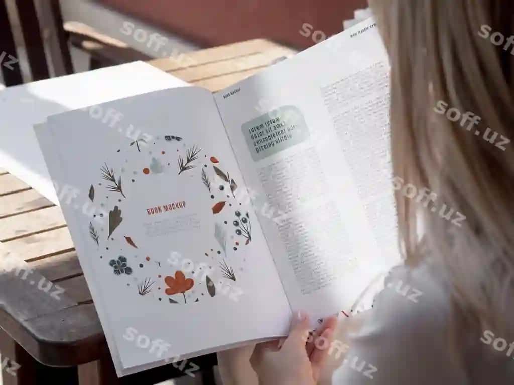 Orqa ko'rinishdagi ayol tabiat kitobiga qarab chiqqan namuna | Back view woman looking into nature book mock up