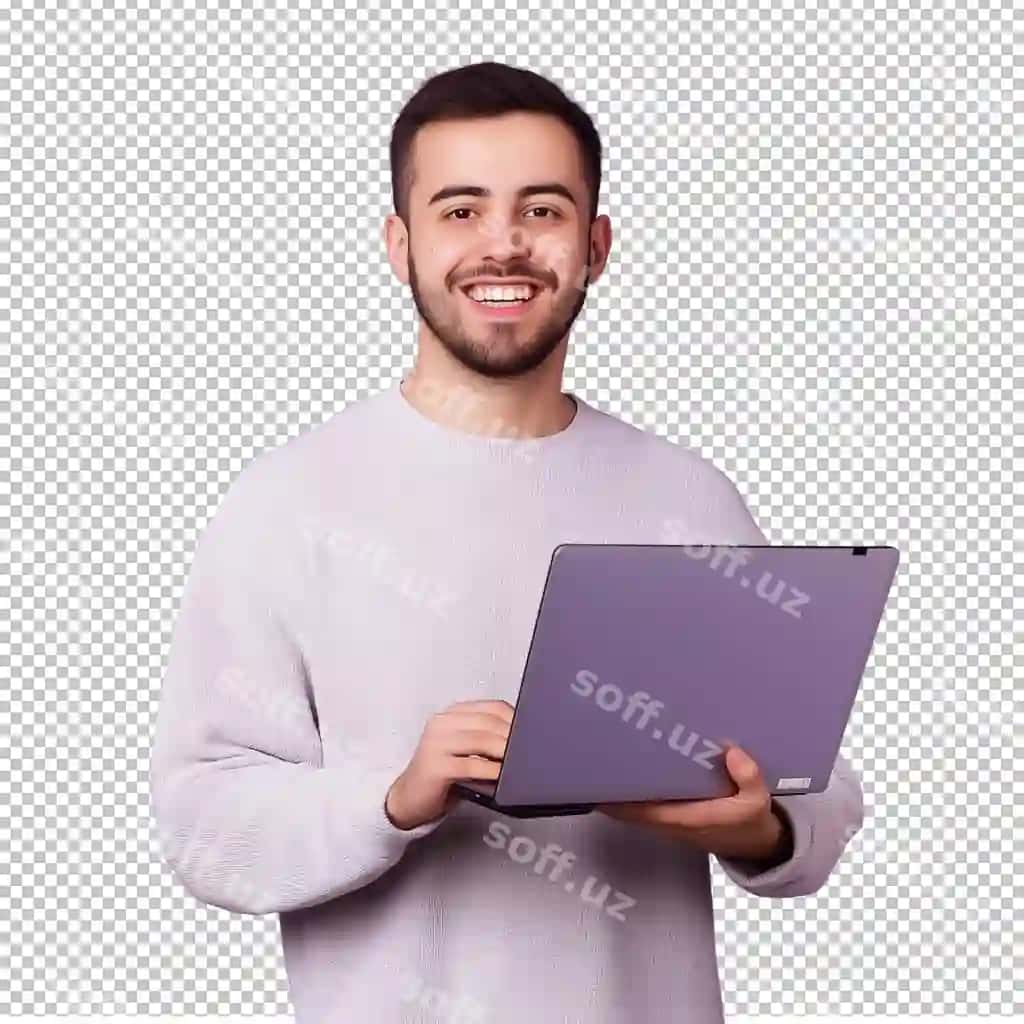 Erkak noutbukni binafshe rangli qoplash bilan tutgan. | Man holding laptop with purple cover it