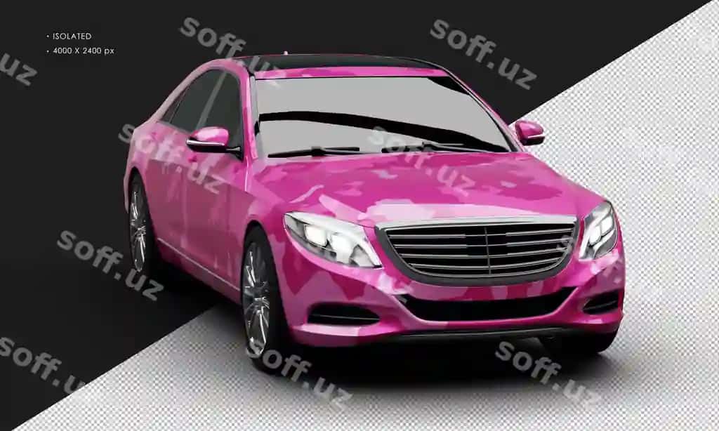 Ajralangan haqiqiy metallic pink kamufloy zamonaviy hashamatli shahar sedani | Isolated realistic metallic pink camouflage modern luxury city sedan