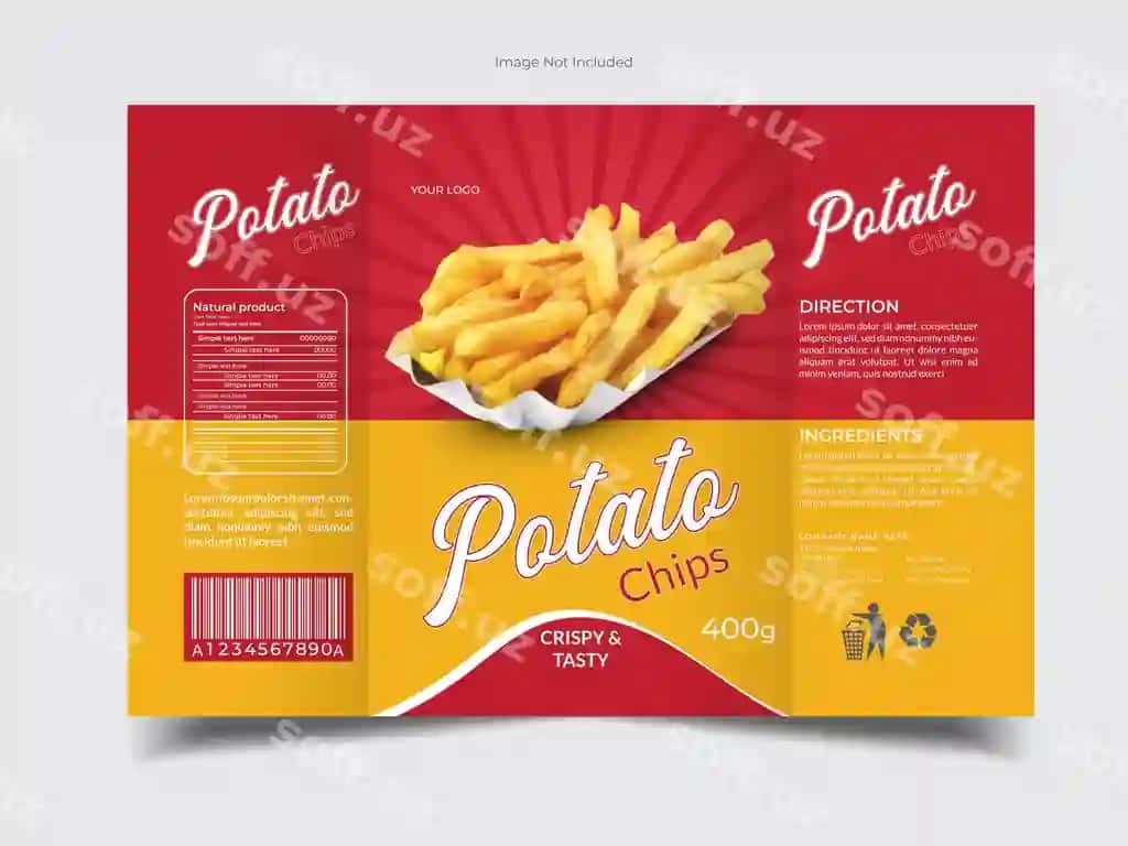 Ijodkor kartoshka chiplari qadoqlash dizayn shabloni | Creative potato chips packaging design template