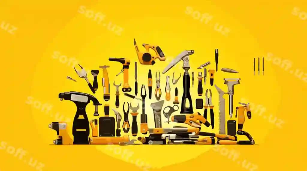 Turli xil asboblar dizayn qilish uchun ishlatiladigan sariq fonli vektor illustratsiyasi | Various tools design yellow background vector illustration